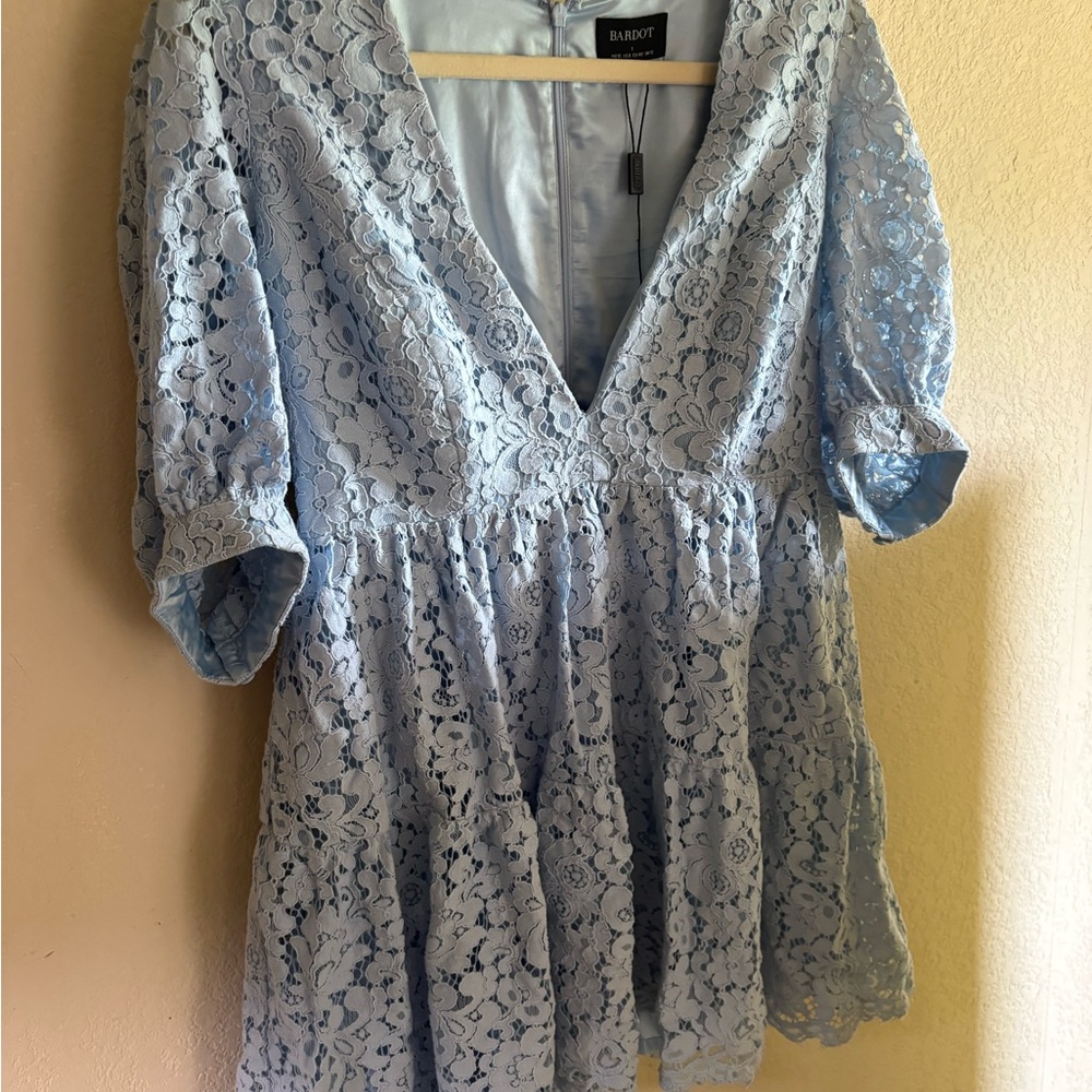 Bardot Blue Puff Sleeve Ruffled Dress